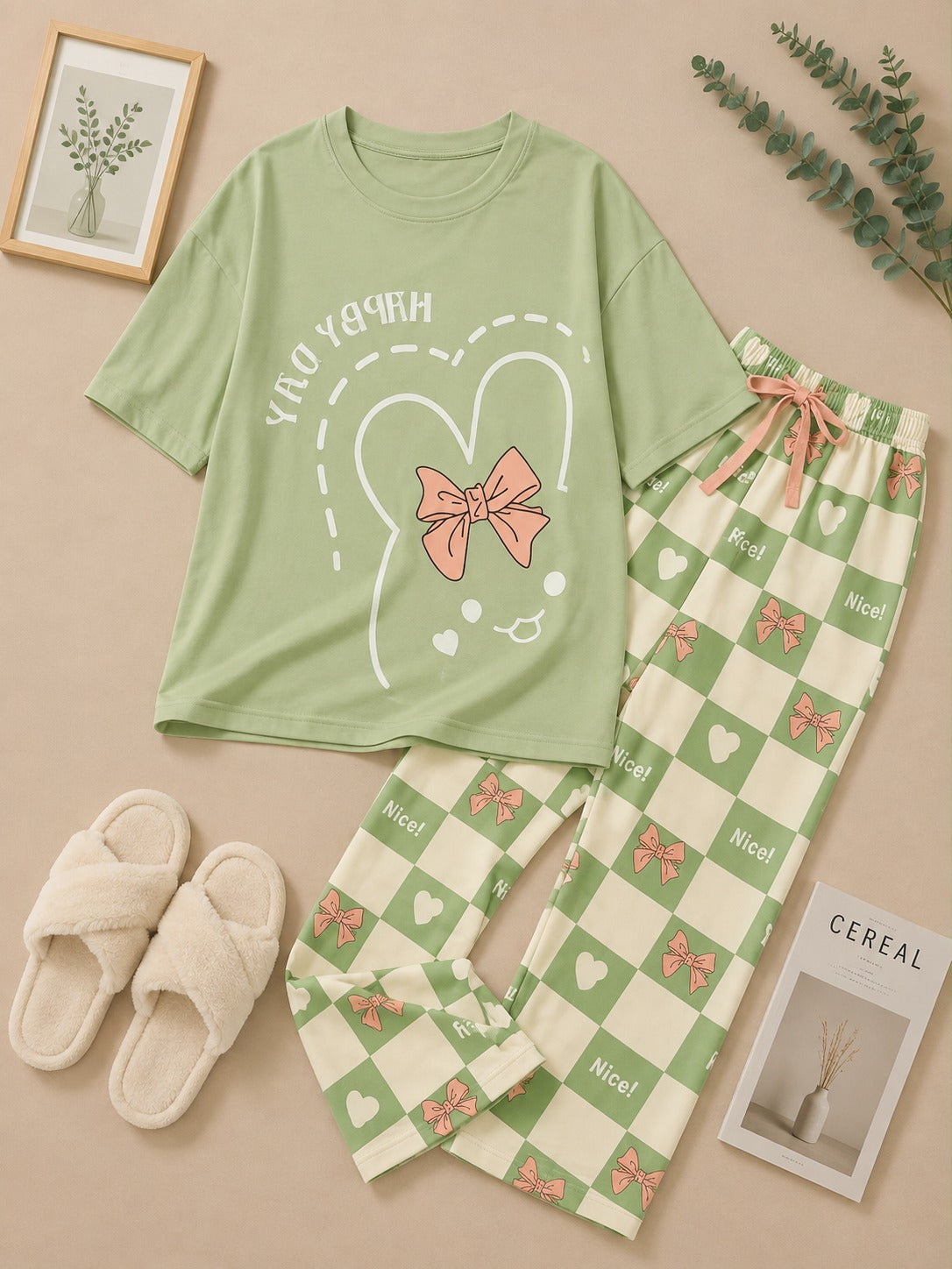 Happy Bunny Mint Cotton Pajama Set – Women's Soft Night Suit