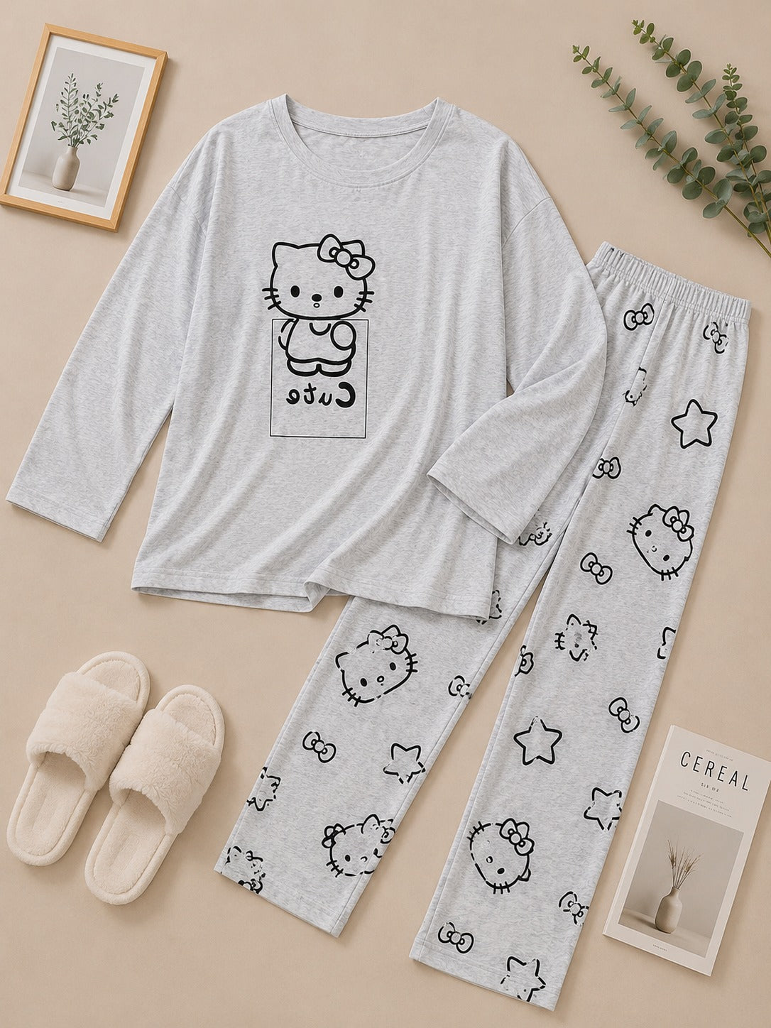 Kitty Dreams Grey Cotton Pajama Set – Women's Soft Night Suit