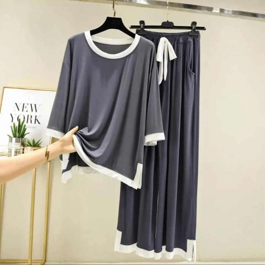 Grey White Round Neck Plazzo PJ Set