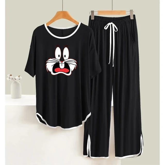 Black White Round Bug's Bunny Full Sleeve Printed Flapper Style Dress