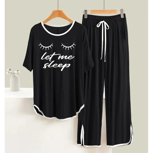 Black let me sleep White Round Neck Plazzo PJ Set