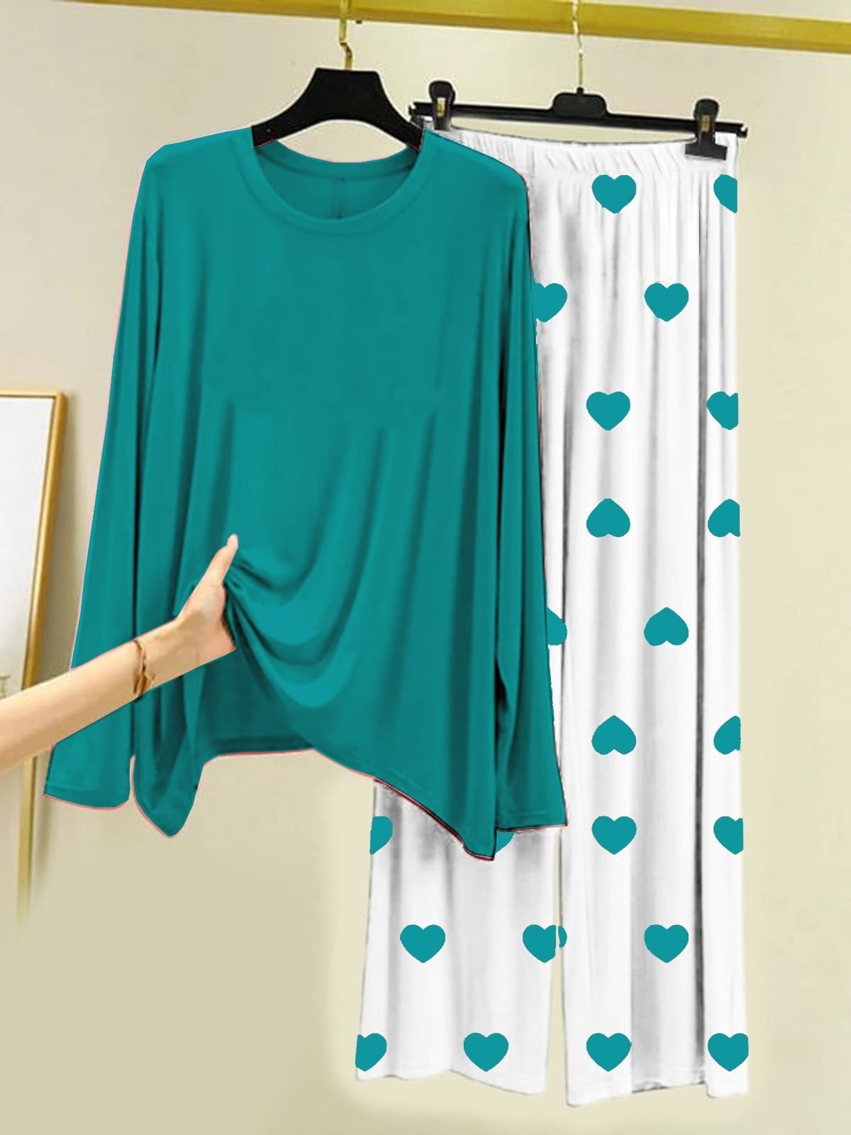 Plain Sea Green Shirt With Heart Printed  Palazzo Night Suit