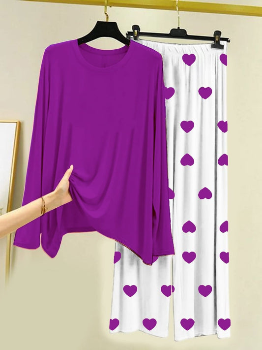 Plain Purple Shirt With Heart Printed  Palazzo Night Suit