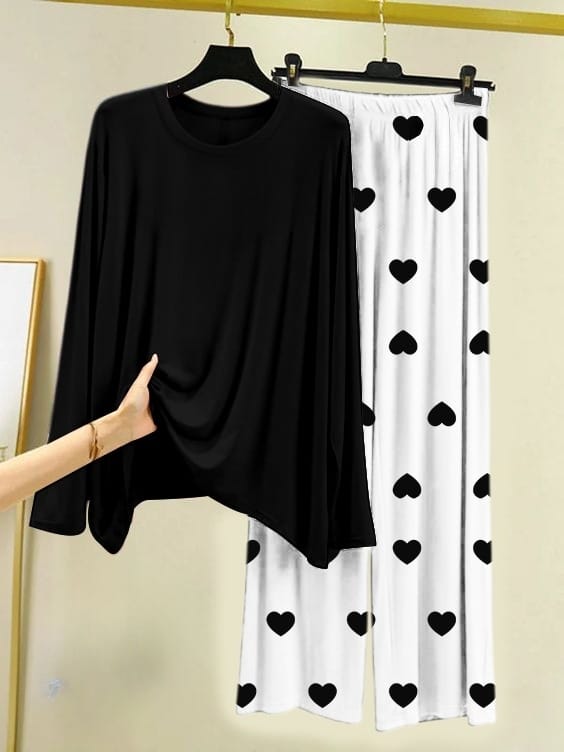 Plain Black Shirt With Heart Printed Trouser