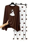 Finger Love  Printed Brown Shirt  With Heart Printed Trouser