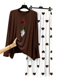 Rose Flower Brown Shirt With Heart Printed Trouser