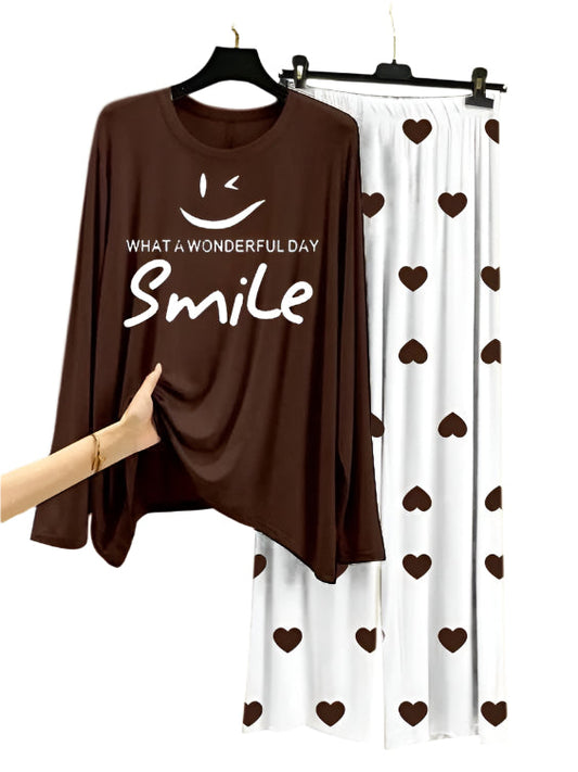 Wonderful day   Printed Brown Shirt  With Heart Printed  Palazzo Night Suit
