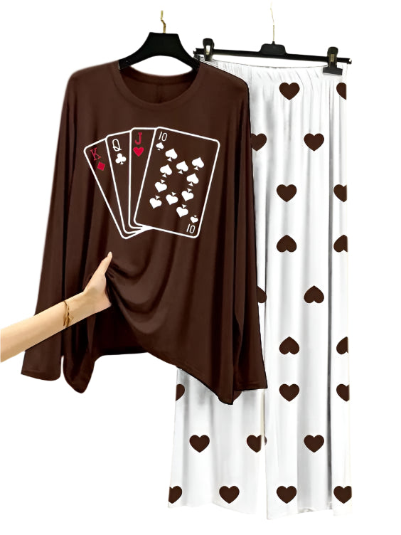 Playing Card Printed Brown Shirt  With Heart Printed  Palazzo Night Suit