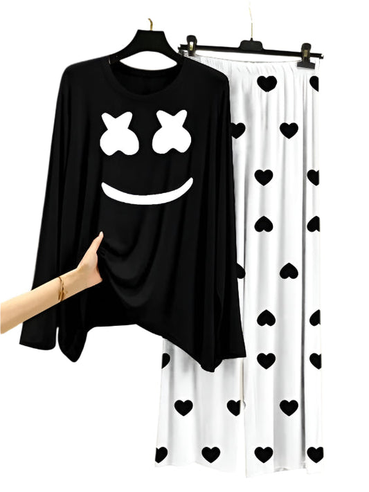 Marshmallow Printed Black Shirt  With Heart Printed  Palazzo Night Suit