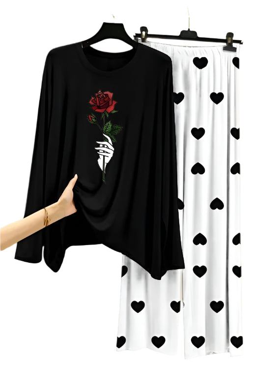Rose Flower   Printed Black With Heart Printed  Palazzo Night Suit