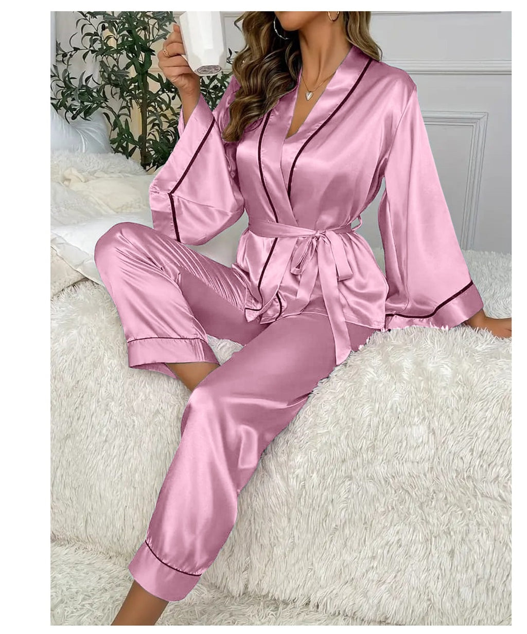 Pink Gown Style Wetsern 2-Pcs Sill  Night-Suit. (AS)