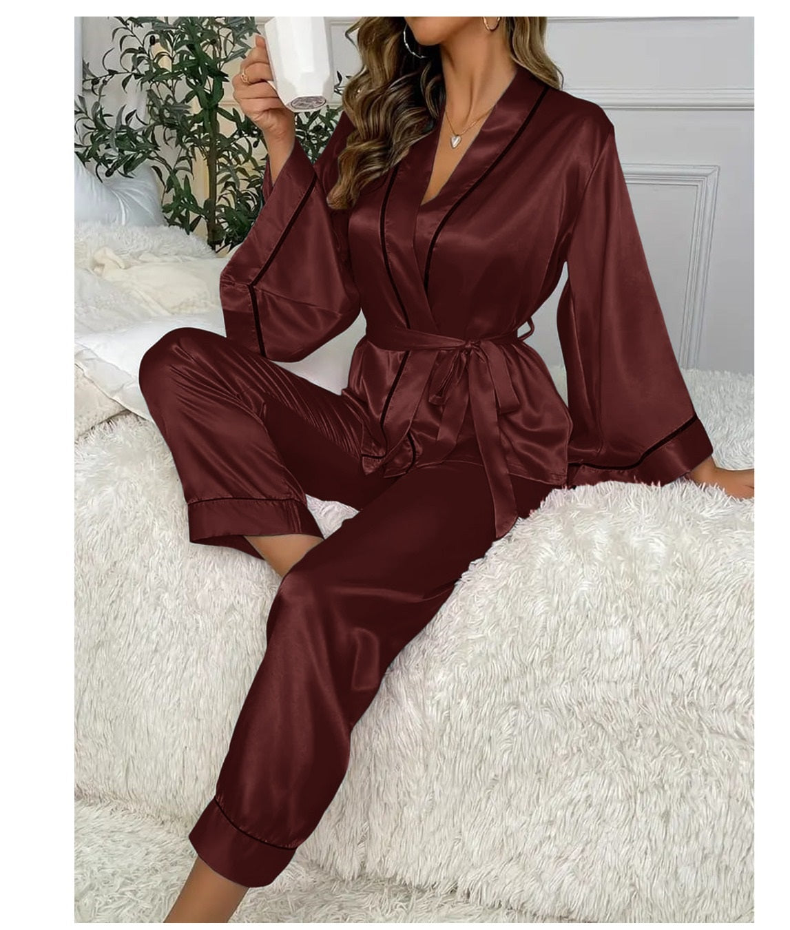 Maroon Gown Style Wetsern 2-Pcs Sill  Night-Suit. (AS)