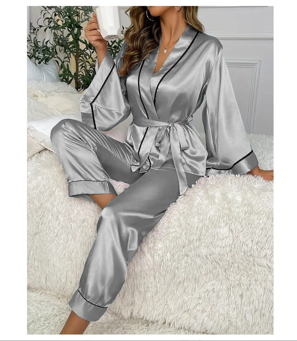 Grey Gown Style Wetsern 2-Pcs Sill  Night-Suit. (AS)