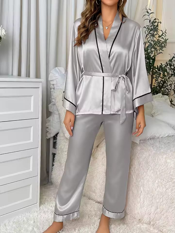 Grey Gown Style Wetsern 2-Pcs Sill  Night-Suit. (AS)