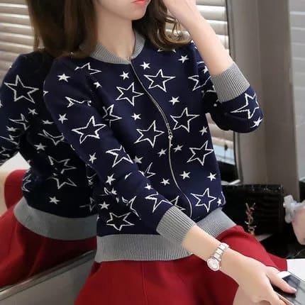 Navy-Blue Color Women's Star Printed Zipper Jacket.