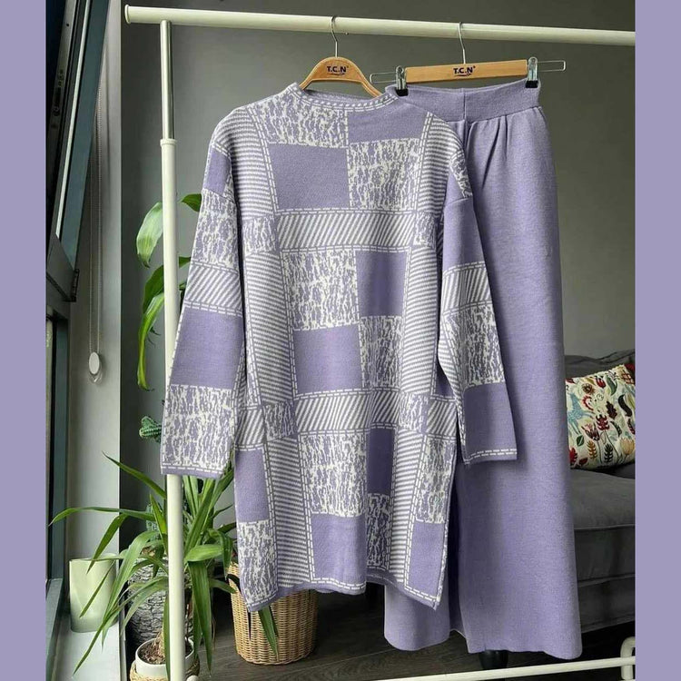 Texture Box Printed  Sweat Style 2-Pcs Winter Tracksuit For Her