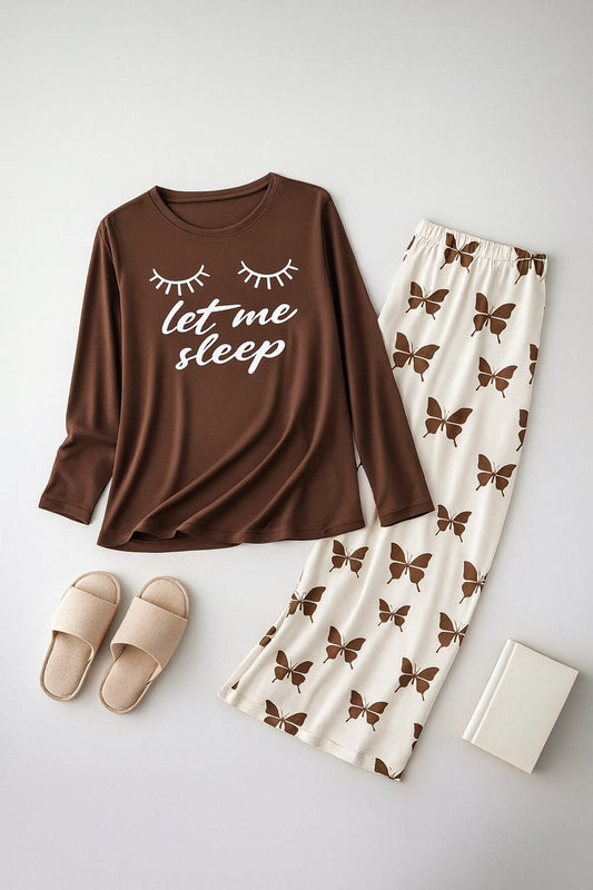 Let me Sleep Printed Brown Shirt With butterfly Printed  Palazzo Night Suit