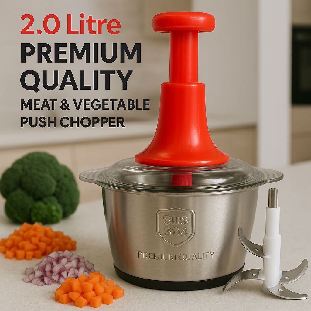 2.0Litre 4 Blades Premium Quality Meat and Vegetable Push Chopper with Stainless Steel Bowl