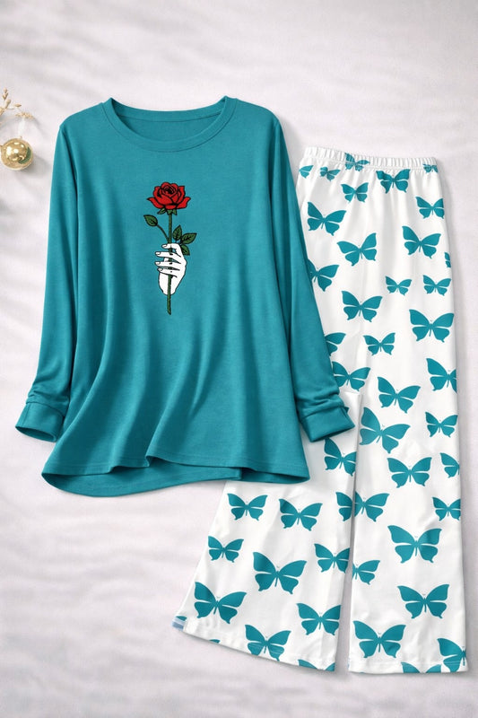 Rose Flower  Printed Sea-Green   Shirt with Butterfly Printed  Palazzo Night Suit