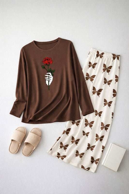 Rose Flower Printed Brown Shirt with Butterfly Printed Palazzo Night Suit