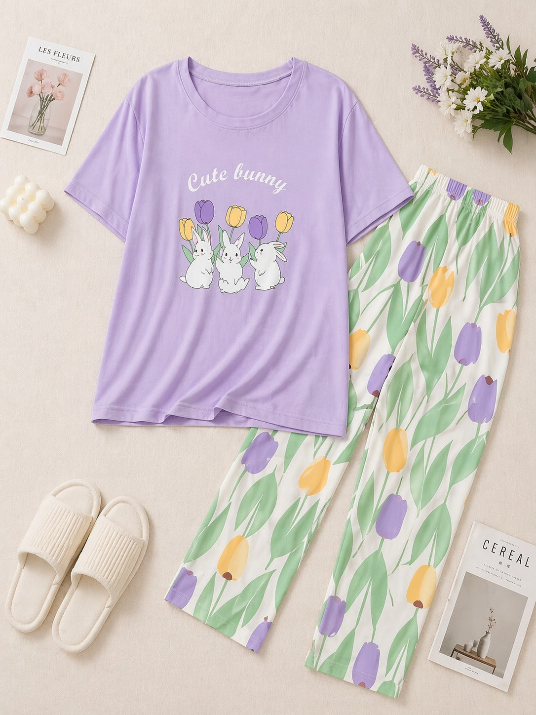 Cute Bunny Tulip Night Suit