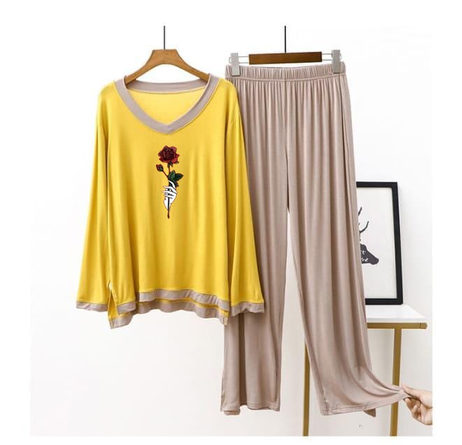 Rose Flower   Printed Full Sleeves Yellow With Skin   Shirt & Palazzo