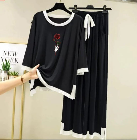 Rose Flower   Printed Full Sleeves Black  white Border Shirt & Palazzo
