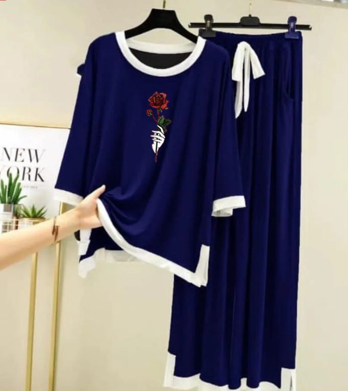 Rose Flower   Printed Full Sleeves Navy blue white Border Shirt & Palazzo