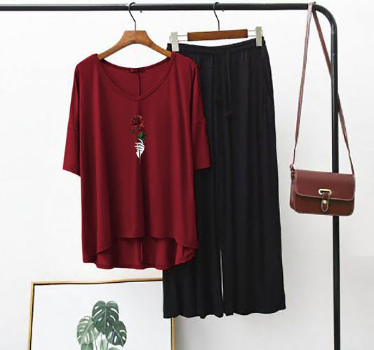 Rose Flower   Printed Full Sleeves Maroon & Black  Shirt & Palazzo
