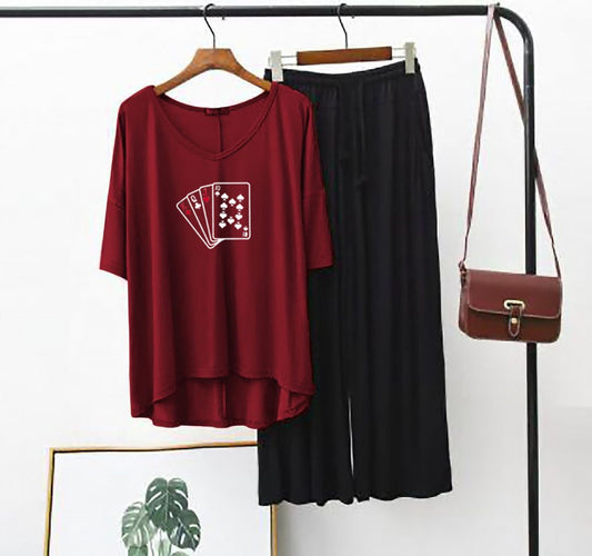 Playing Card Printed Full Sleeves Maroon & Black  Shirt & Palazzo