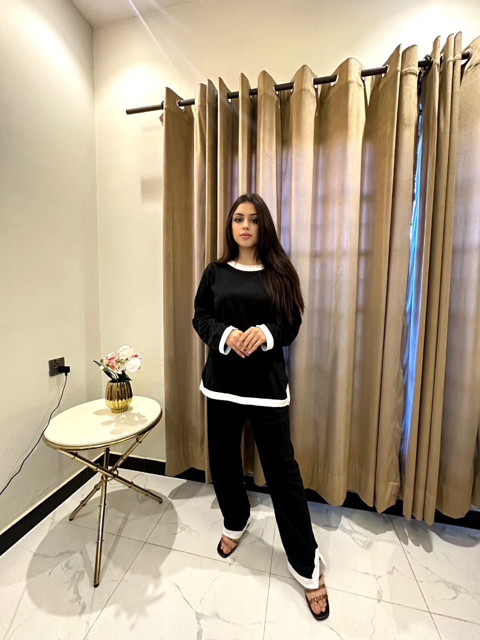 Black White Round Neck Plazzo PJ Set