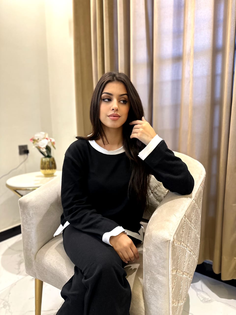 Black White Round Neck Plazzo PJ Set