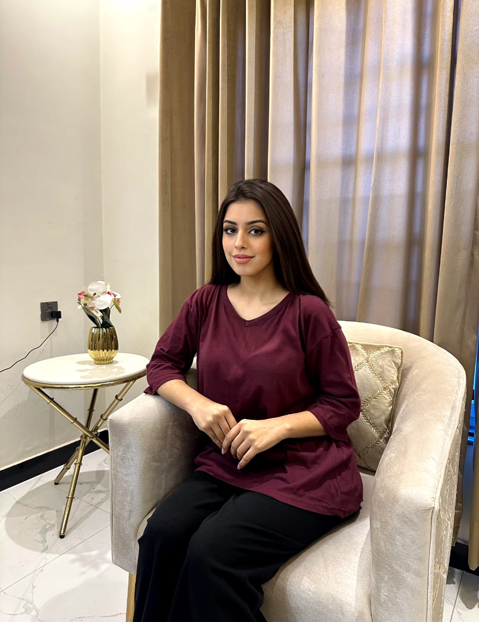 Plain Red V Neck T Shirt with Black Plazzo