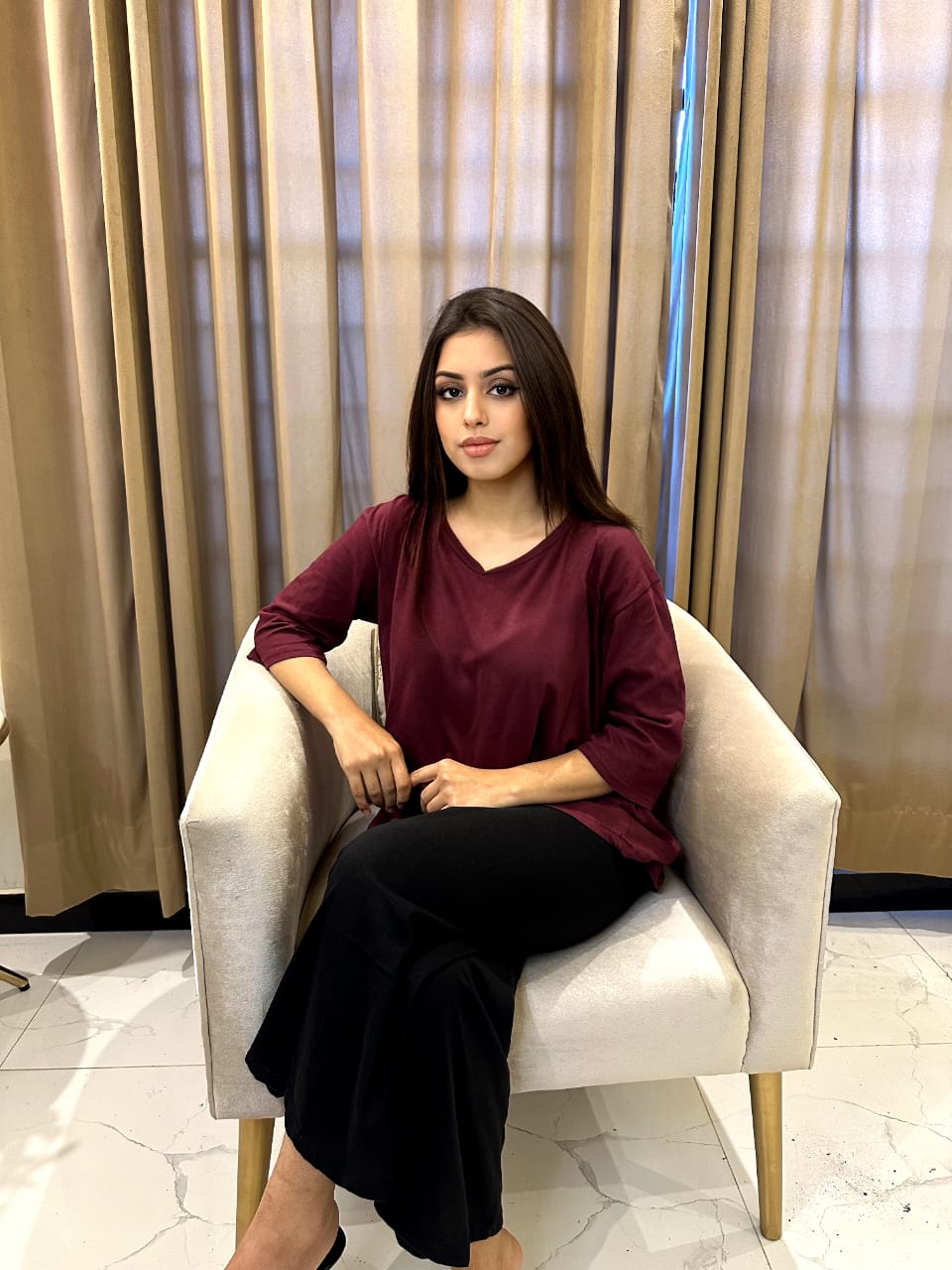 Plain Red V Neck T Shirt with Black Plazzo