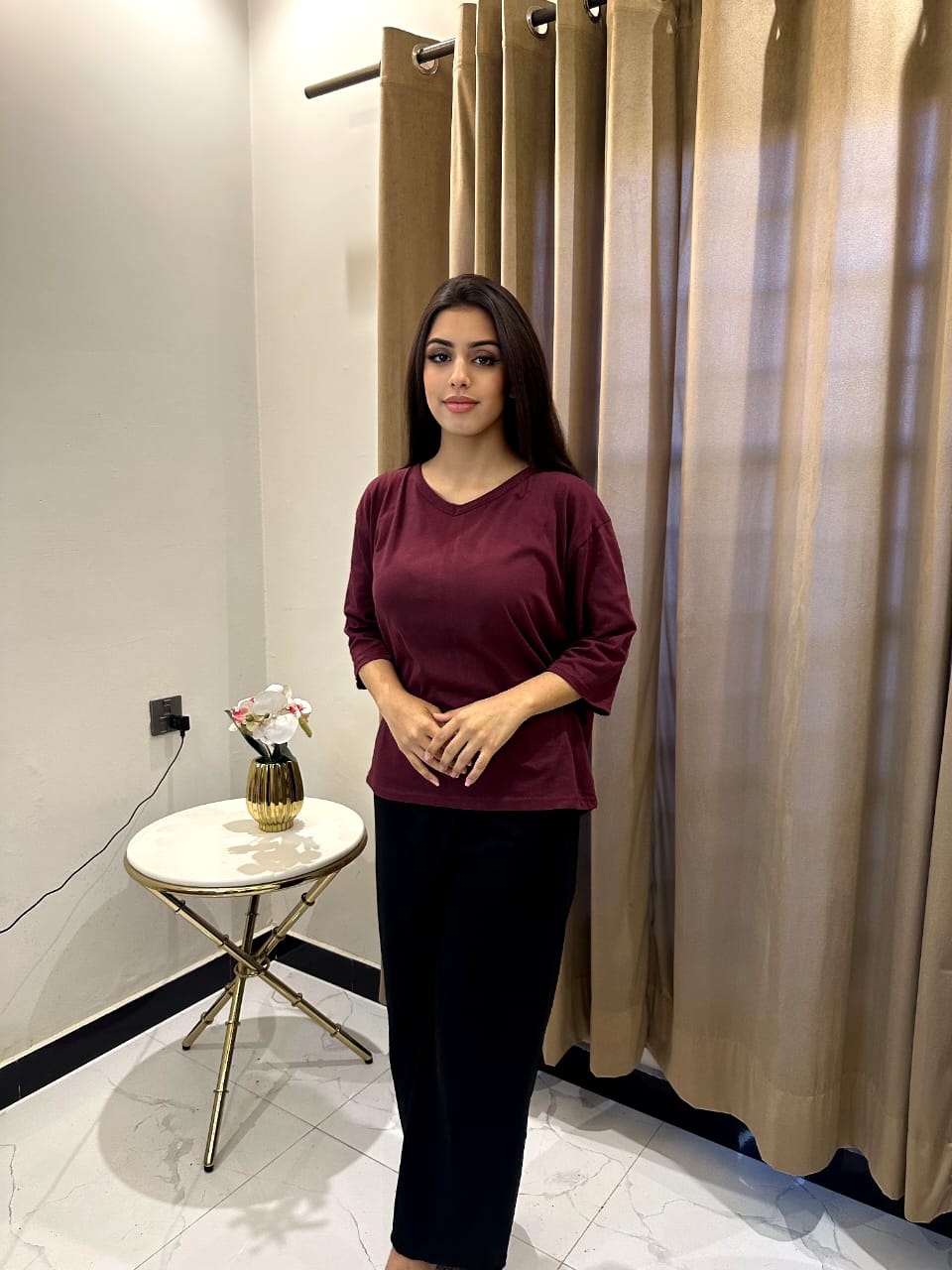 Plain Red V Neck T Shirt with Black Plazzo