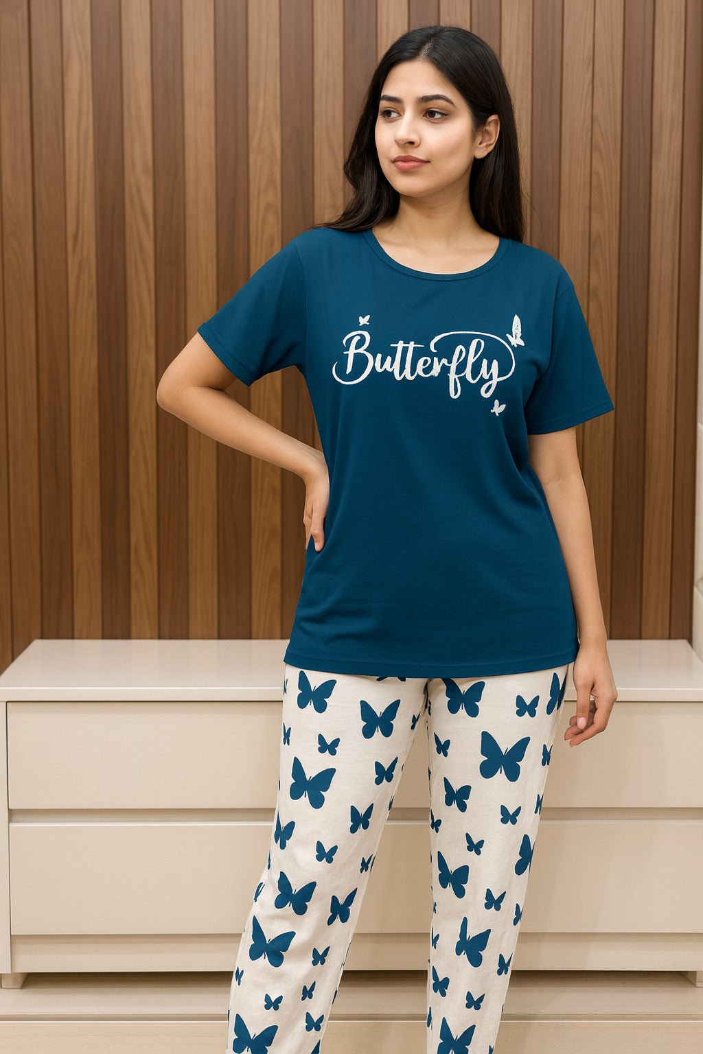 Sailor Blue  Butterfly Printed T-Shirt with Butterfly printed  Palazzo Night Suit