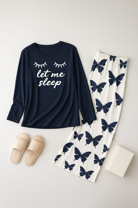 Let me Sleep Printed Navy Blue Shirt With butterfly Printed  Palazzo Night Suit