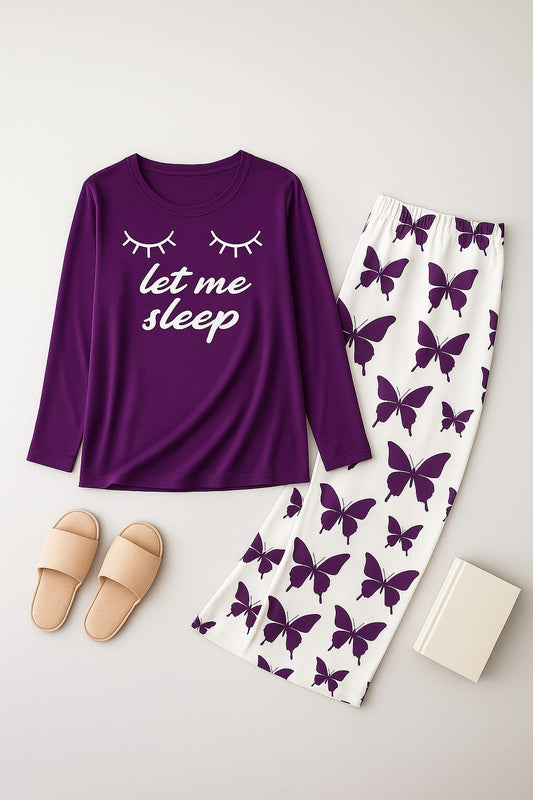 Let me Sleep Printed Purple Shirt With butterfly Printed  Palazzo Night Suit