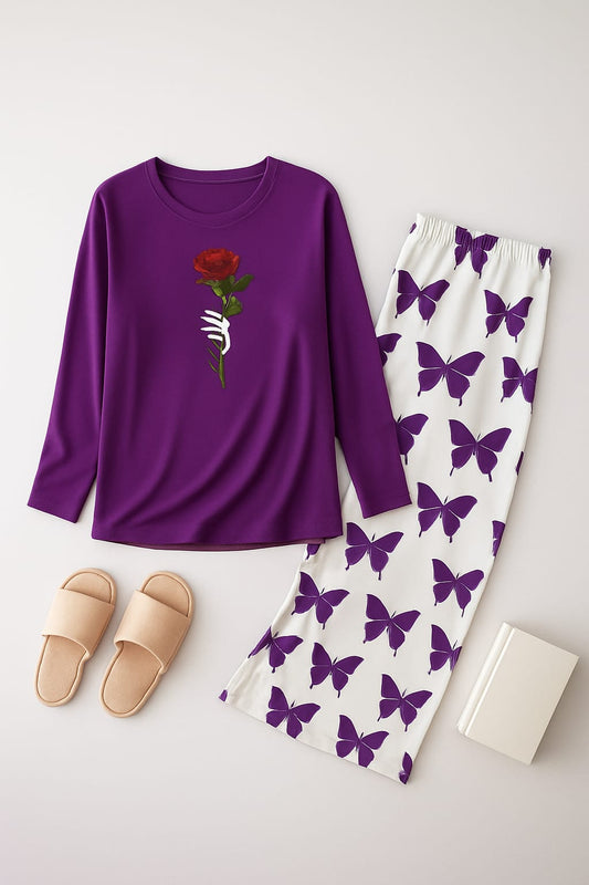 Rose Flower Printed purple Shirt With butterfly Printed  Palazzo Night Suit