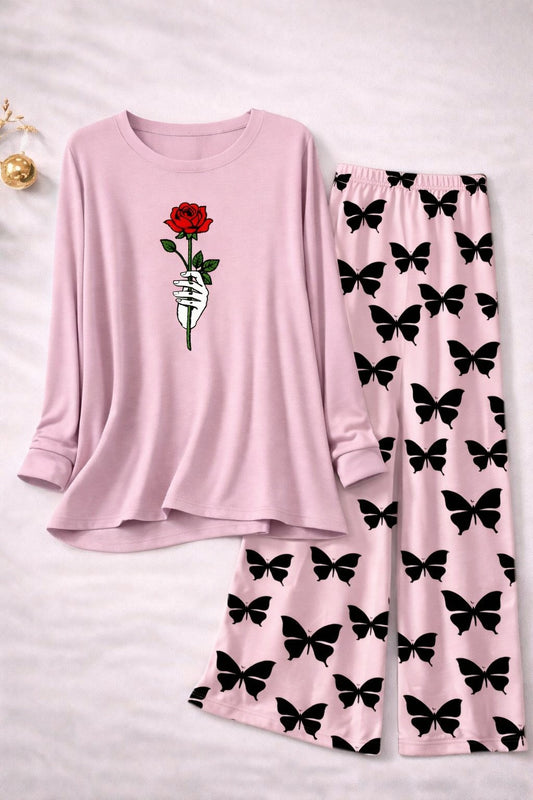 Rose Flower  Printed Pink Shirt with Butterfly Printed Palazzo Night Suit