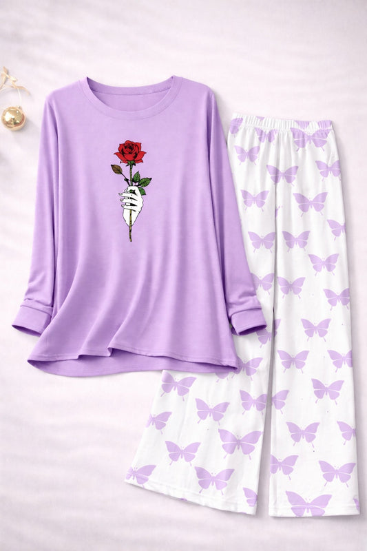 Rose Flower Printed Light Purple Shirt with Butterfly Printed Palazzo Night Suit