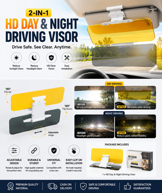 2-in-1 Universal HD Day & Night Anti-Glare Car Sun Visor