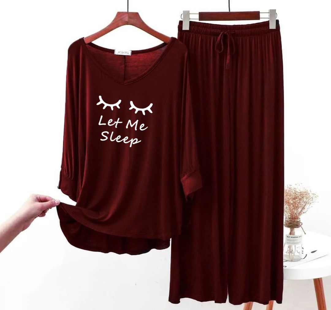 Maroon let me sleep V-Neck Women Night Suit PJ Set