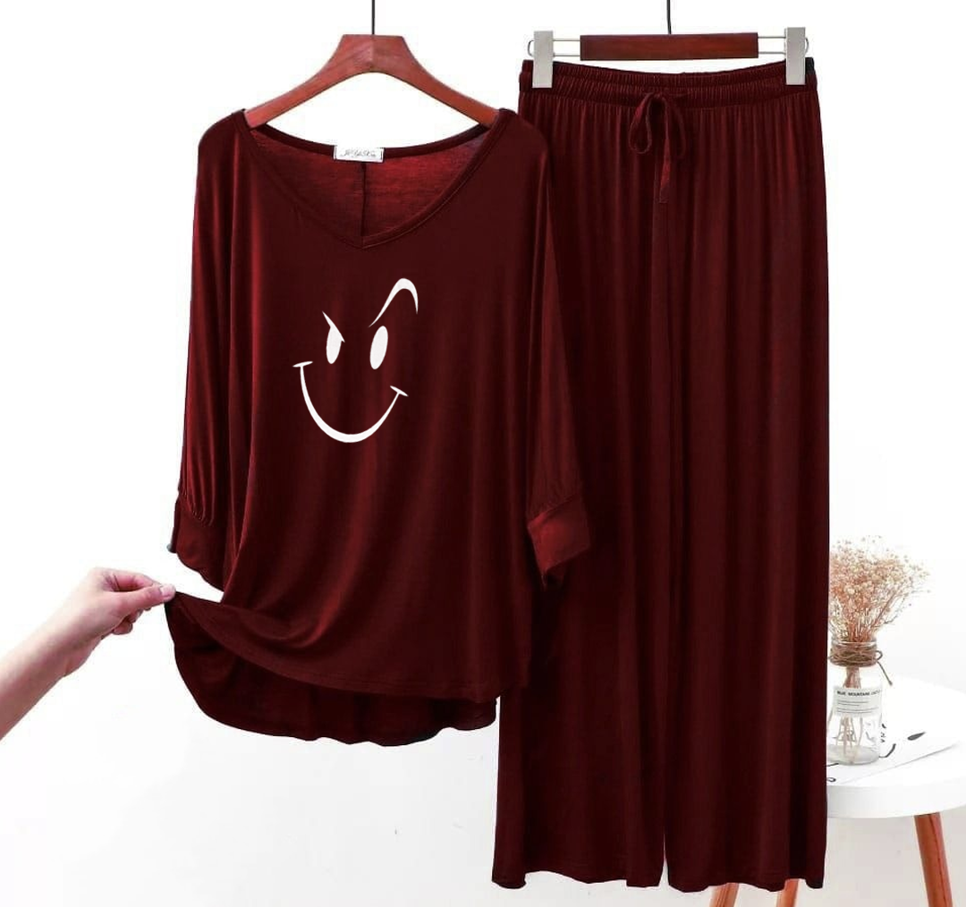 Maroon Smiley Face V-Neck Women Night Suit PJ Set