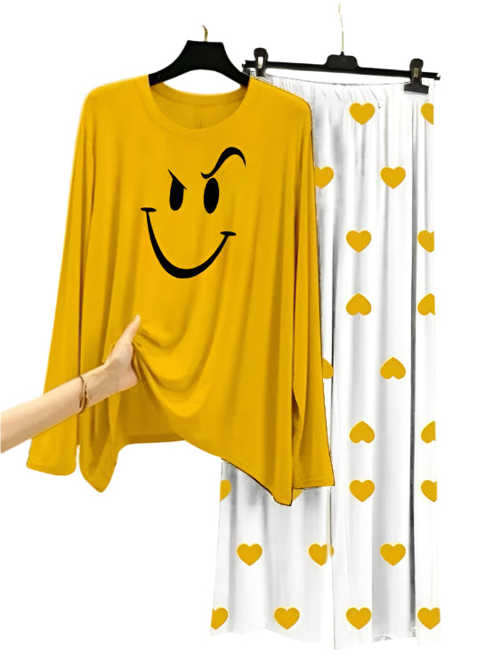 Smile Printed Yellow Shirt With Heart Printed  Palazzo Night Suit