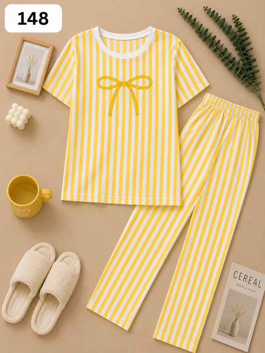 Yellow Striped Bow Printed Women’s Pajama Set