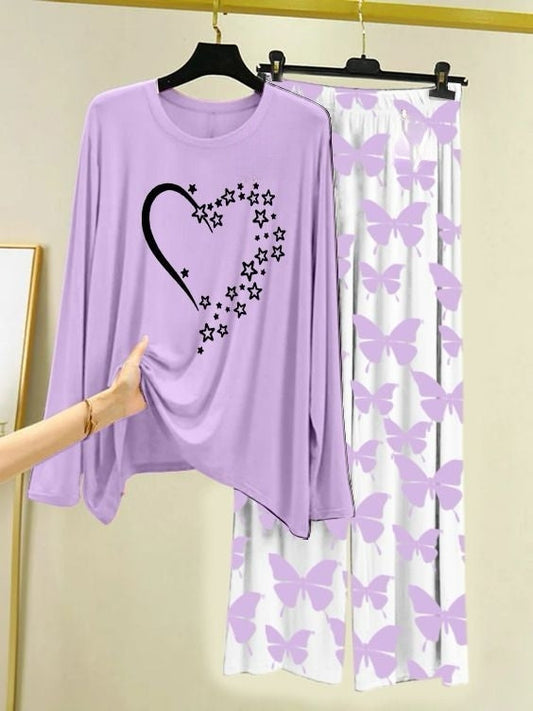 Starlight Heart Printed Light Purple  Shirt with Butterfly Printed  Palazzo Night Suit