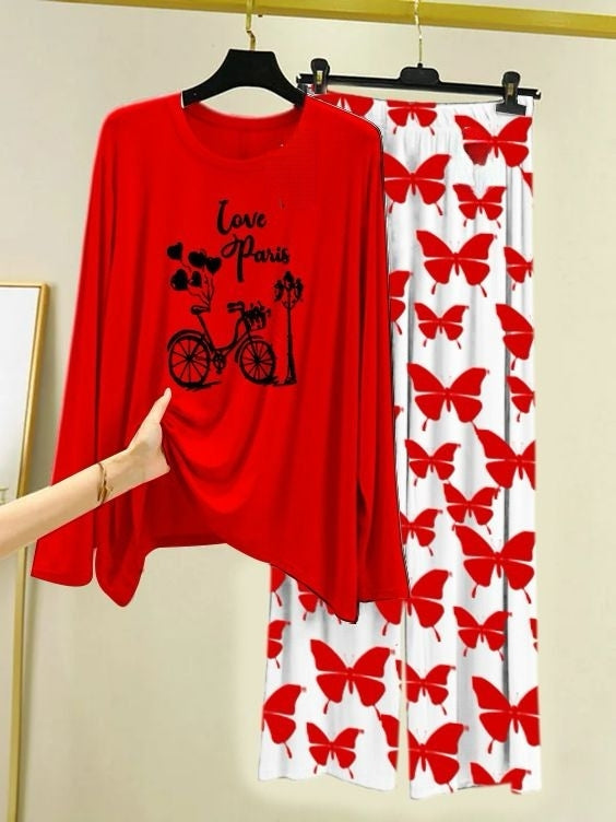 Love in Paris Printed Red  Shirt with Butterfly Printed  Palazzo Night Suit