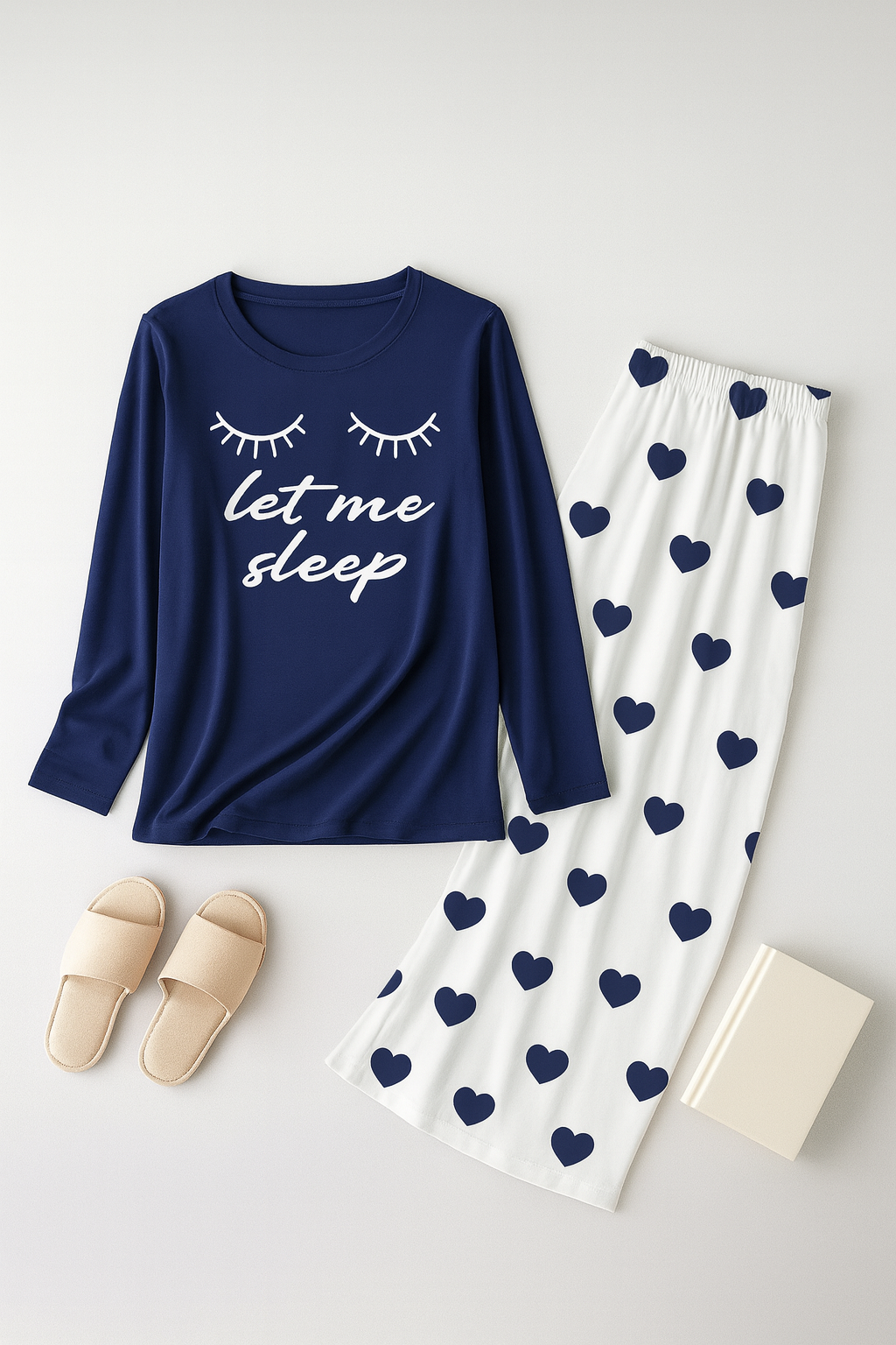 Navy Blue Let me sleep Printed Shirt With Heart Printed  Palazzo Night Suit