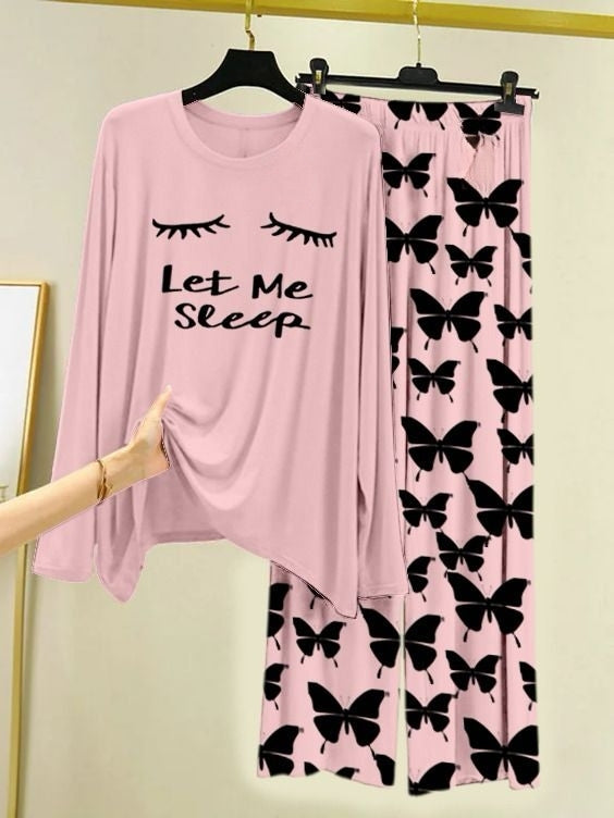 Let me Sleep Printed Pink Shirt with Butterfly Printed  Palazzo Night Suit